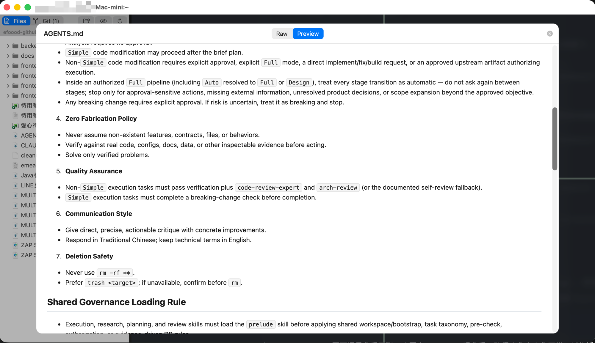 File preview overlay showing AGENTS.md