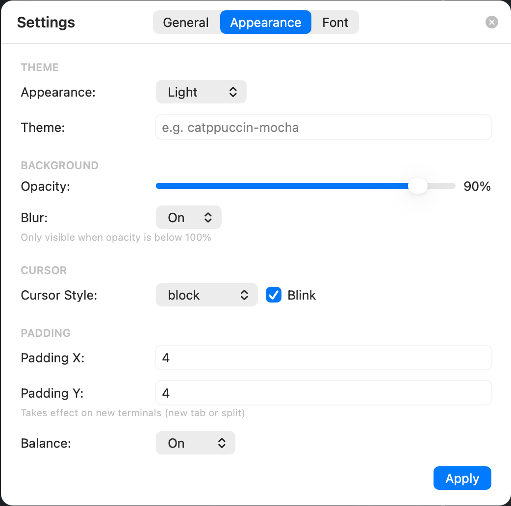 Settings Appearance tab