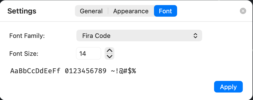 Settings Font tab